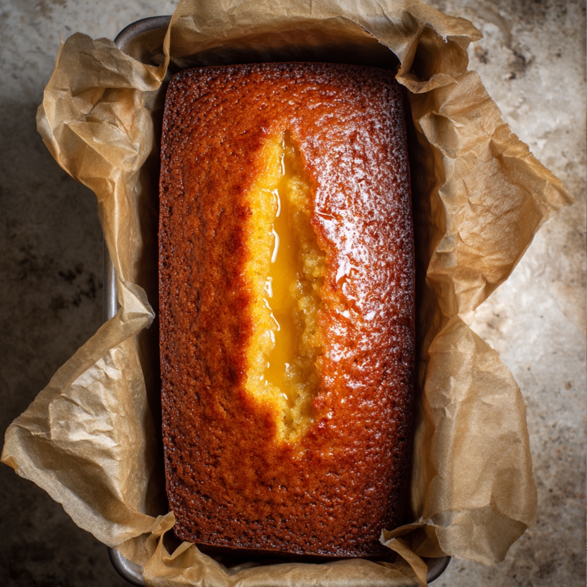 Homemade lemon drizzle cake in a parchment-lined tin, golden brown with a crack in the center filled with glossy lemon syrup.