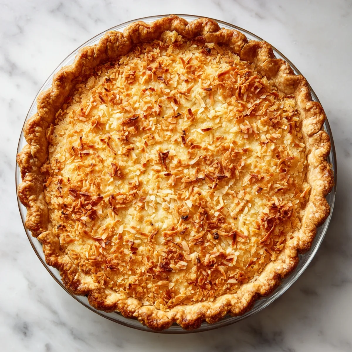Homemade sawdust pie with golden crimped crust and toasted coconut topping in a glass pie dish on marble.