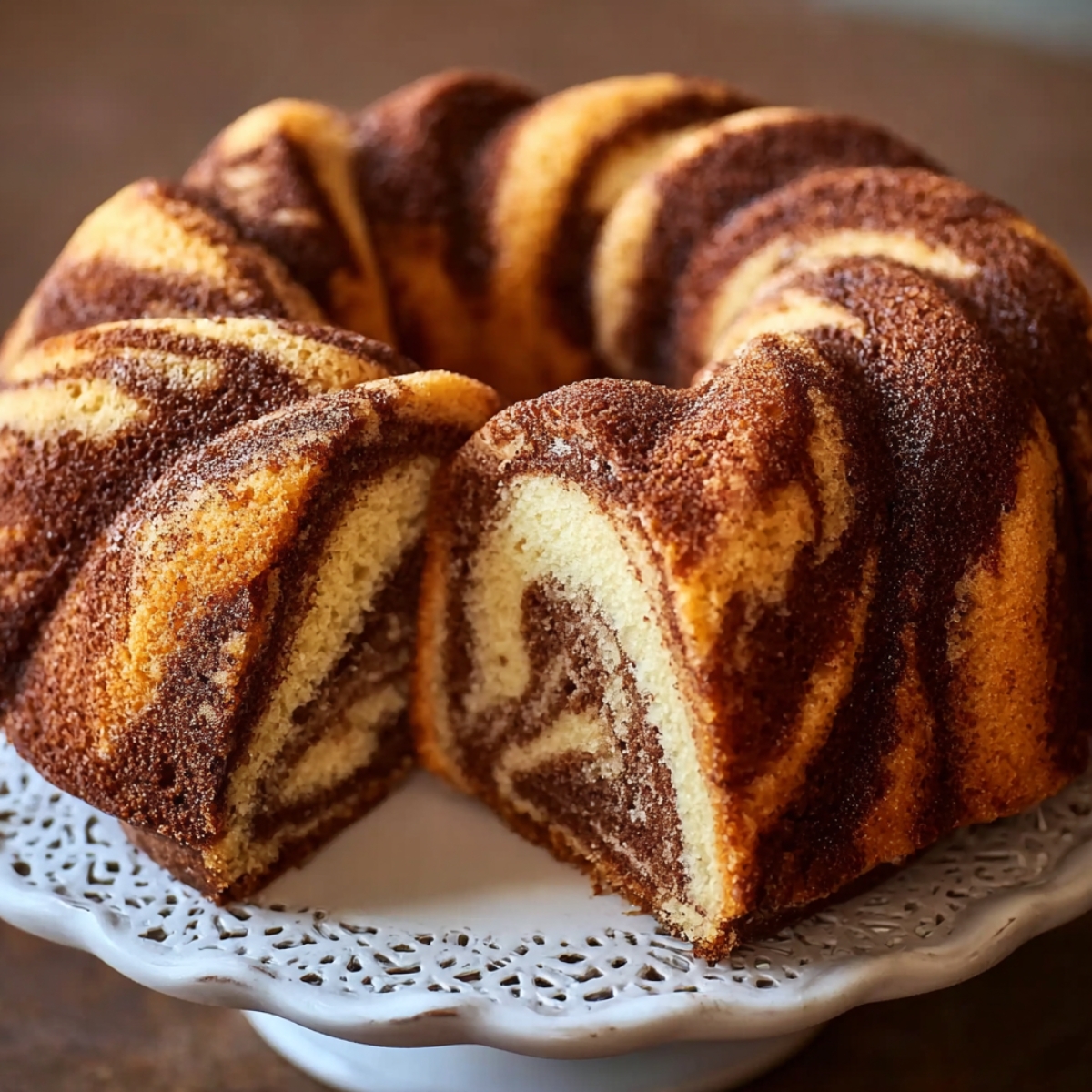 Best Cinnamon Swirl Bundt Cake on a wooden board with lace doily, showing moist golden crumb, rich cinnamon ribbons, and a white glaze dripping down the ridges.