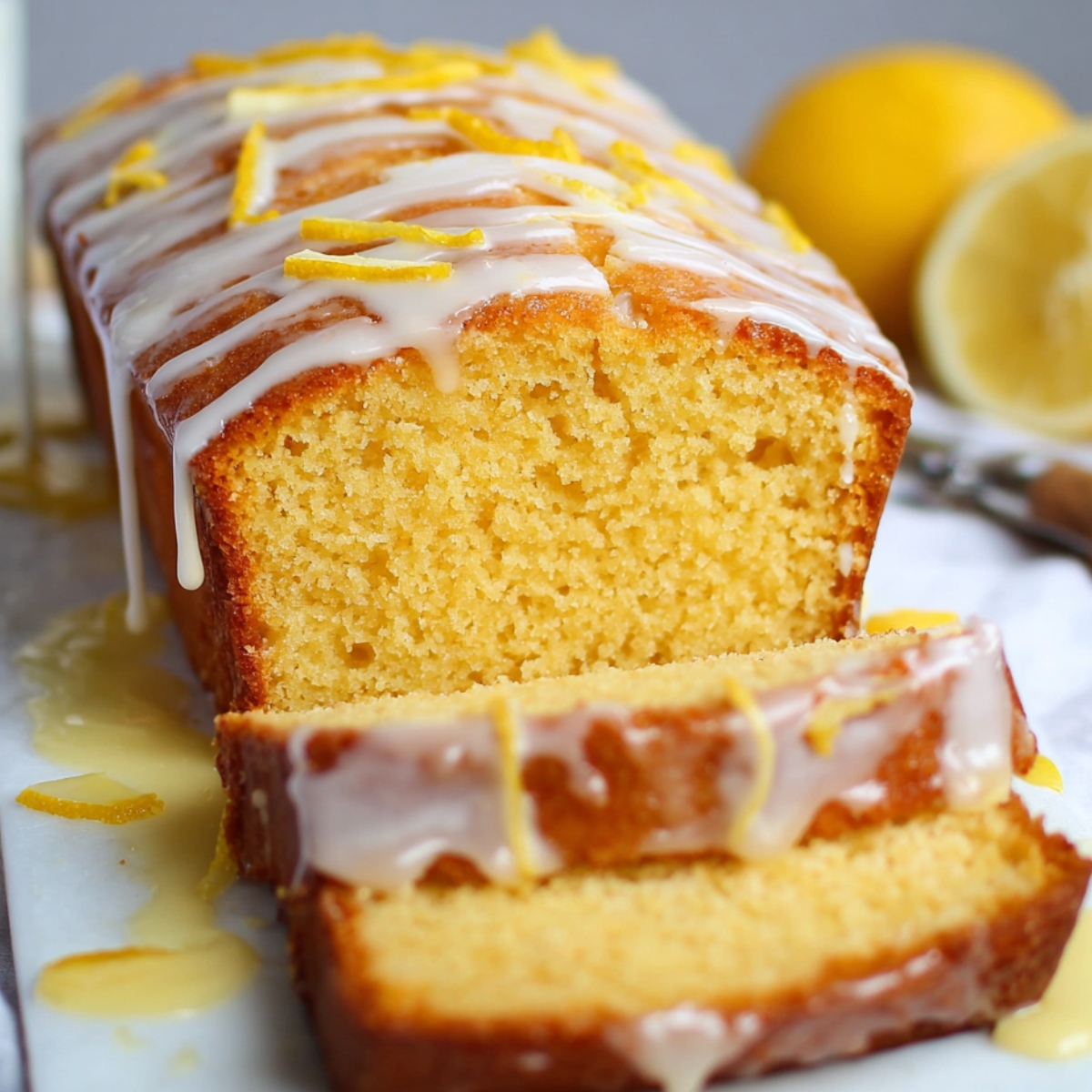 Best Lemon Drizzle Cake Recipe loaf on a wooden board, golden sponge sliced to show moist texture, topped with icing drizzle, lemon zest, and lemon slices, with blurred lemons in the background.