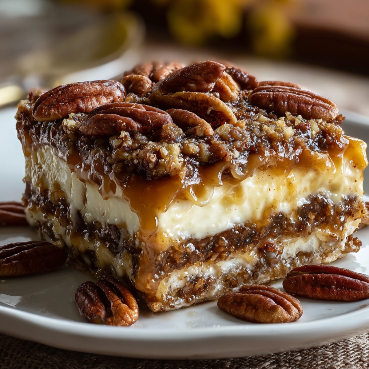 Slice of homemade pecan pie lasagna with caramel and pecans on top.