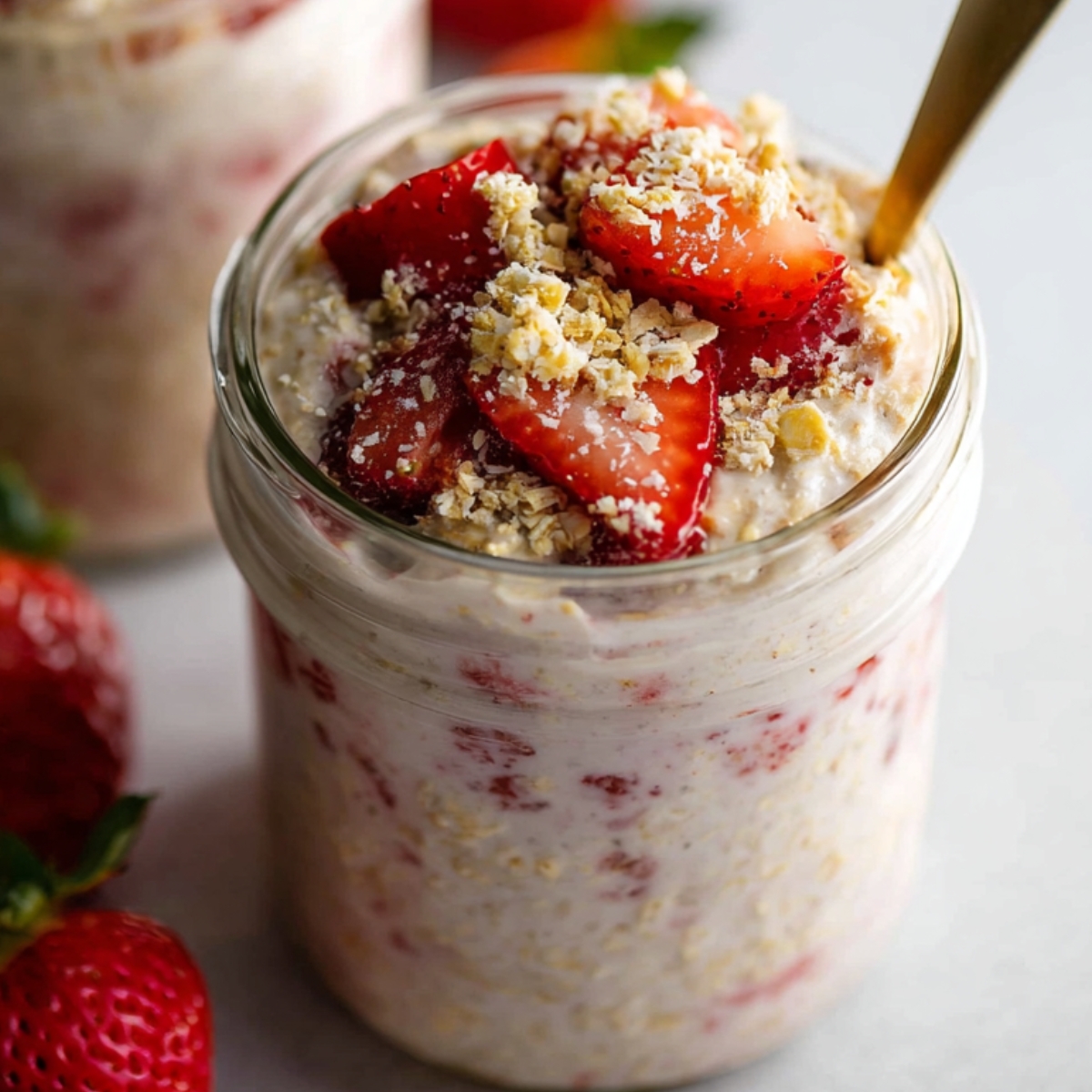 Best Strawberry Cheesecake Overnight Oats topped with fresh strawberries and graham cracker crumbs with a gold spoon.