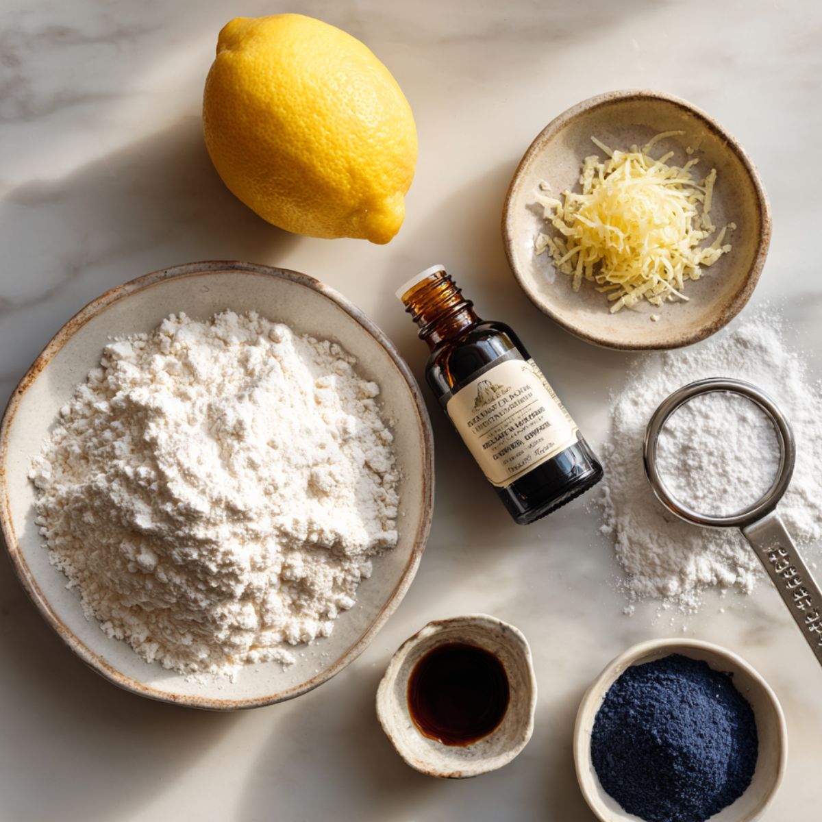 Flat lay of lemon, grated zest, vanilla extract bottle, small bowl of vanilla, cinnamon in a dish, and powdered sugar with sifter on marble countertop.