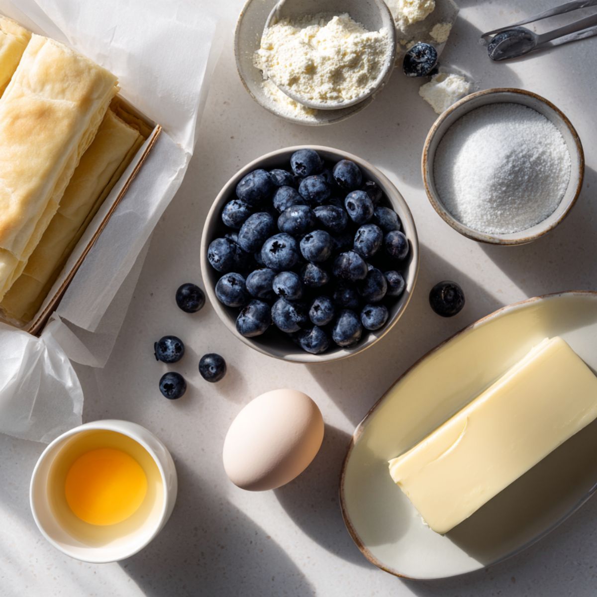 Flat lay of blueberry cruffin ingredients: fresh blueberries in a bowl, puff pastry sheets in parchment, butter on a plate, whole egg, small bowl with cracked egg yolk, sugar, and flour, with a few loose berries scattered on a light counter in natural daylight.
