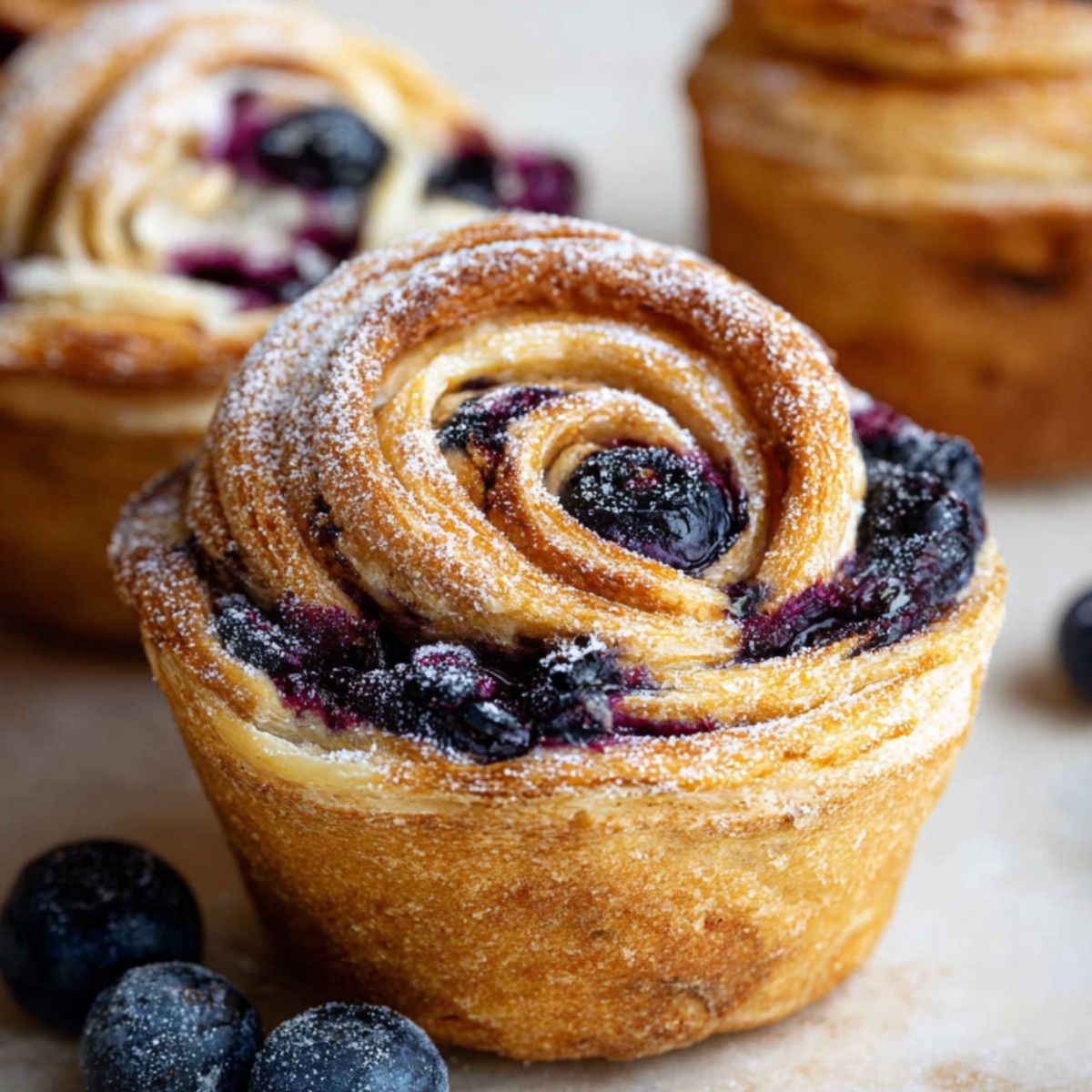 Golden homemade Blueberry Cruffins with spiral flaky layers, baked blueberries in the folds, dusted with powdered sugar, with fresh blueberries scattered and more cruffins blurred in the background.