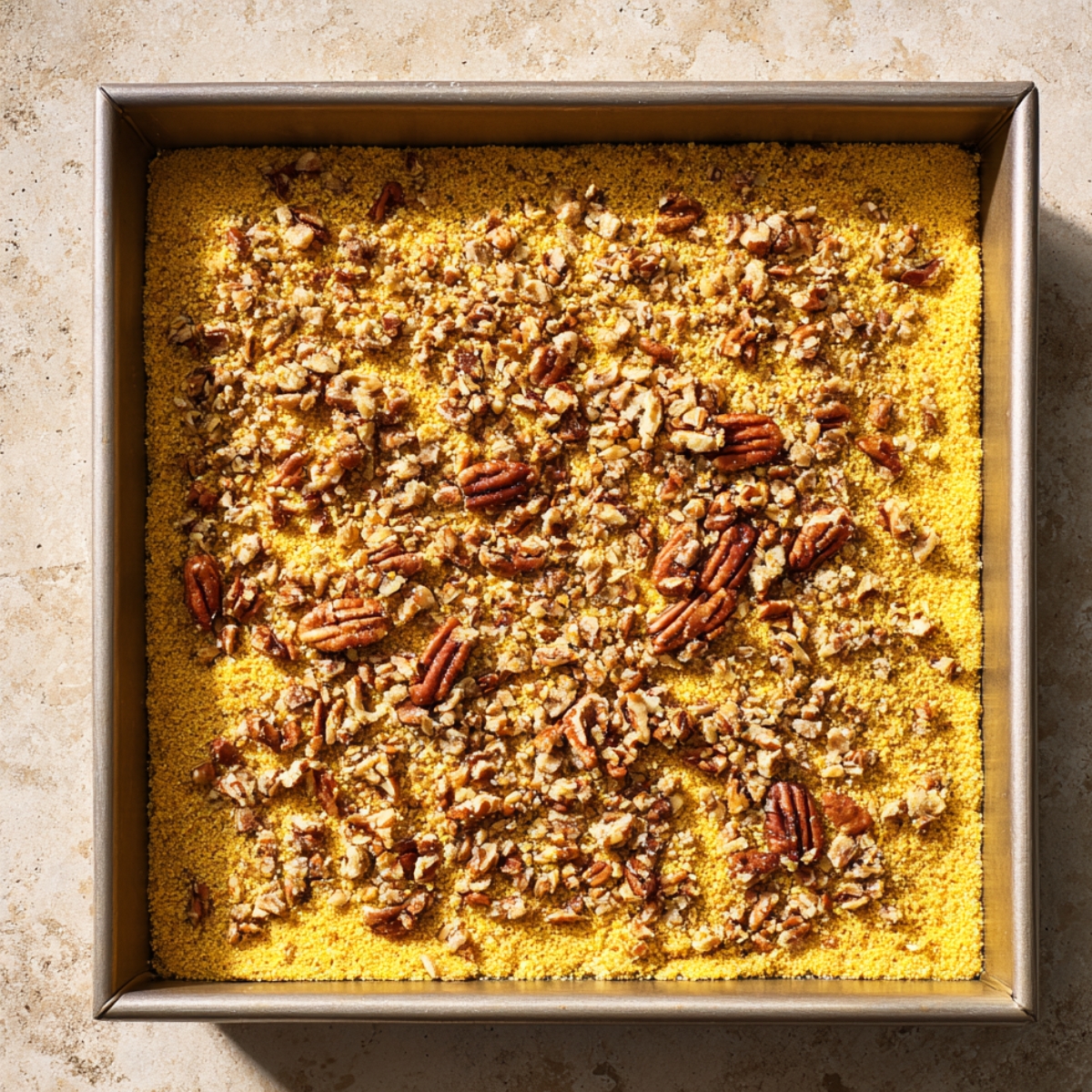 A realistic photo of an unbaked pumpkin crunch cake in a square metal pan, topped with a layer of yellow cake mix and scattered chopped and whole pecans, sitting on a light stone countertop in warm natural light.