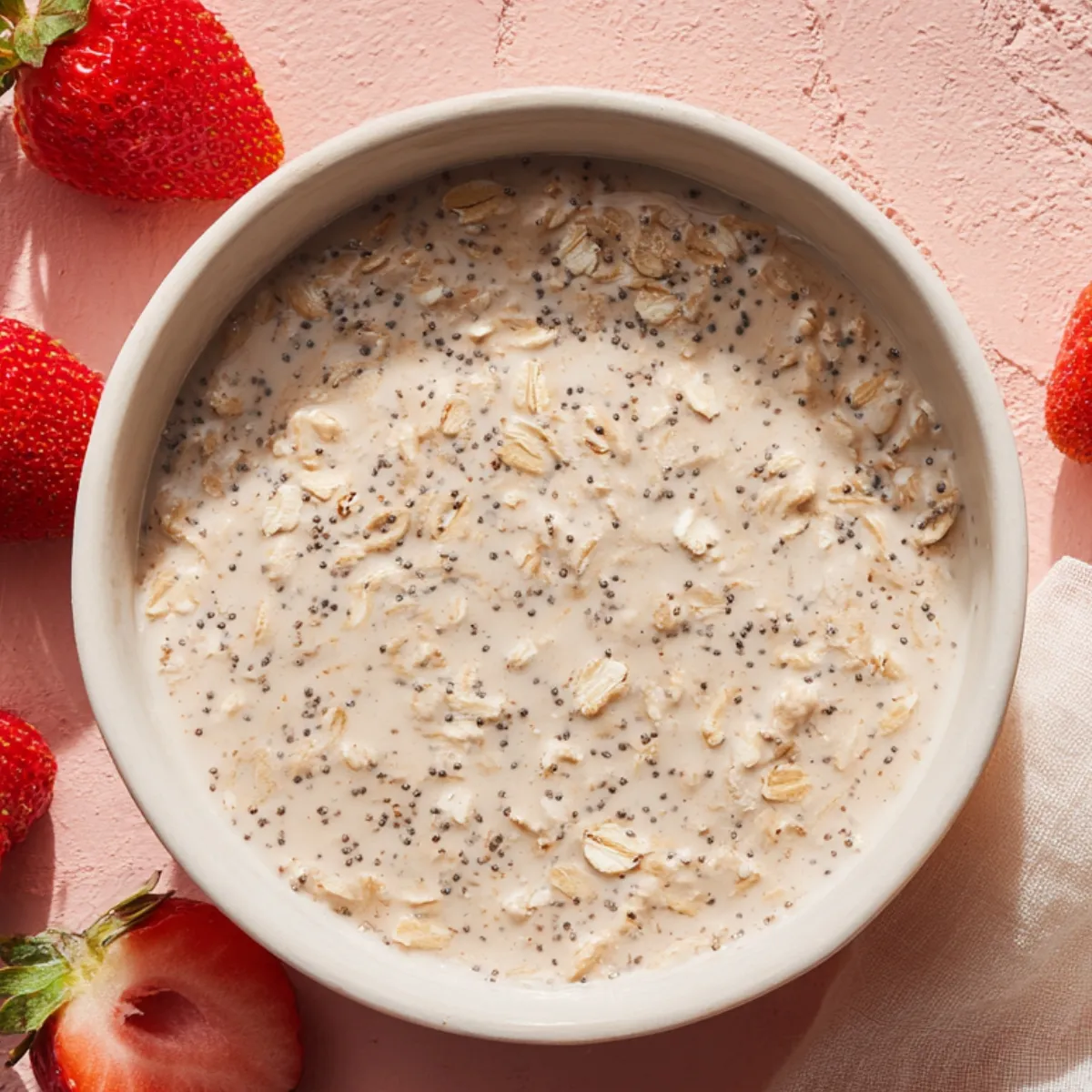 Bowl of creamy oats with chia seeds on a pink surface, surrounded by fresh strawberries, ready for overnight oats.