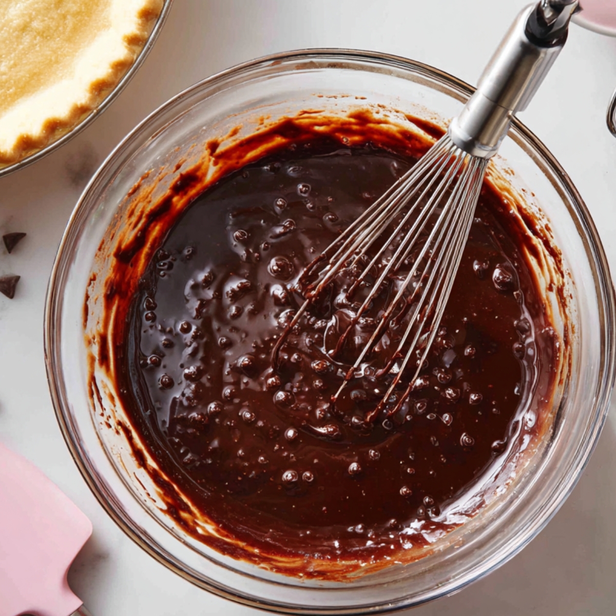 Glass bowl of glossy chocolate fudge batter with a whisk, next to pie crust and spatula on a marble counter.