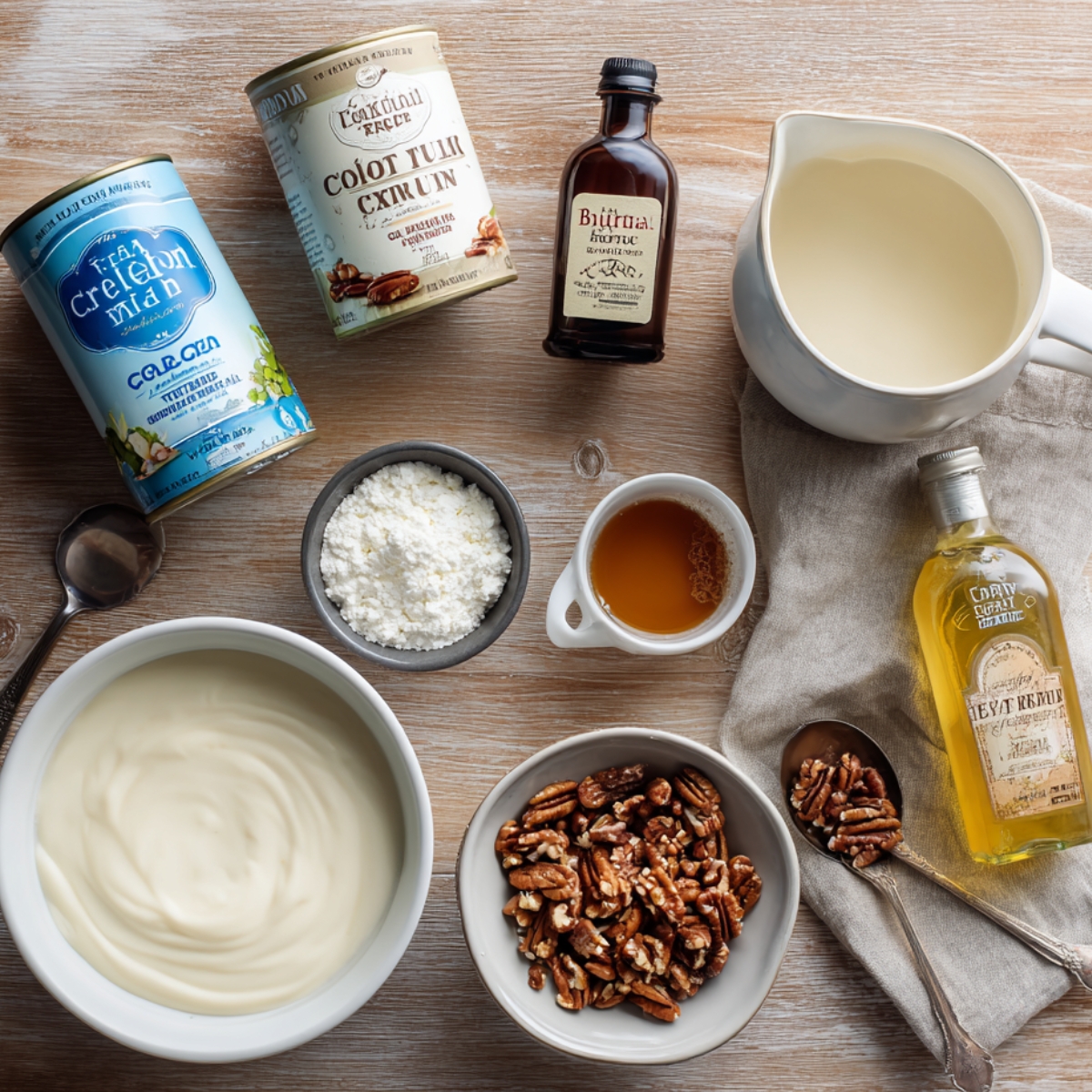 Flat lay of butter pecan tres leches ingredients: cans of evaporated and condensed milk, vanilla extract, butter pecan extract, jug of cream, bowls of powdered sugar, chopped pecans, thick cream, and a small cup of amber extract on a wooden table with spoons and linen.