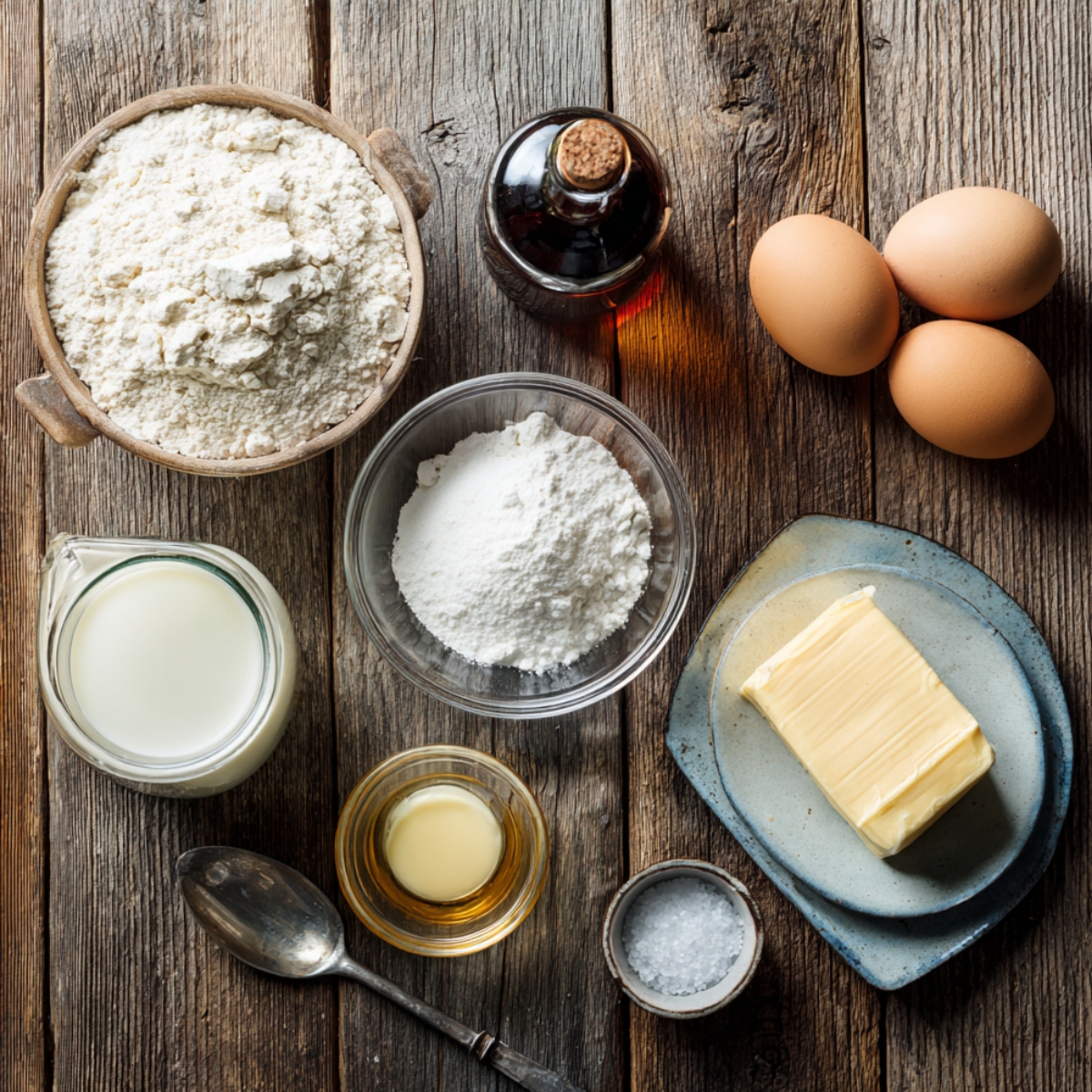 Flat lay of sponge cake ingredients on rustic wood: flour, baking powder, eggs, butter on a plate, milk in a jug, vanilla extract, coarse salt, and a spoon, arranged in a homemade cookbook style.