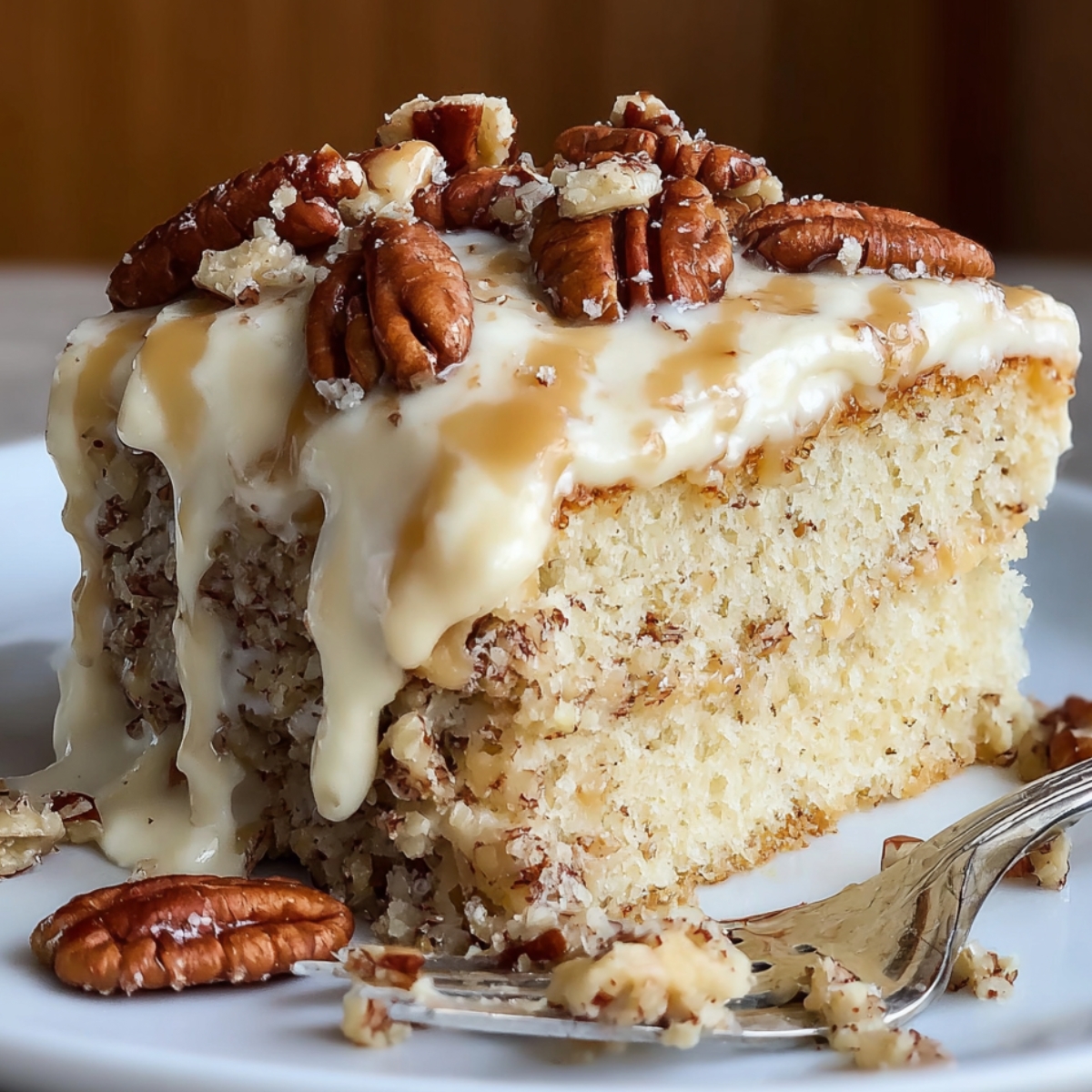 Butter Pecan Tres Leches Cake slice with whipped cream, caramel drizzle, and toasted pecans on a white plate.