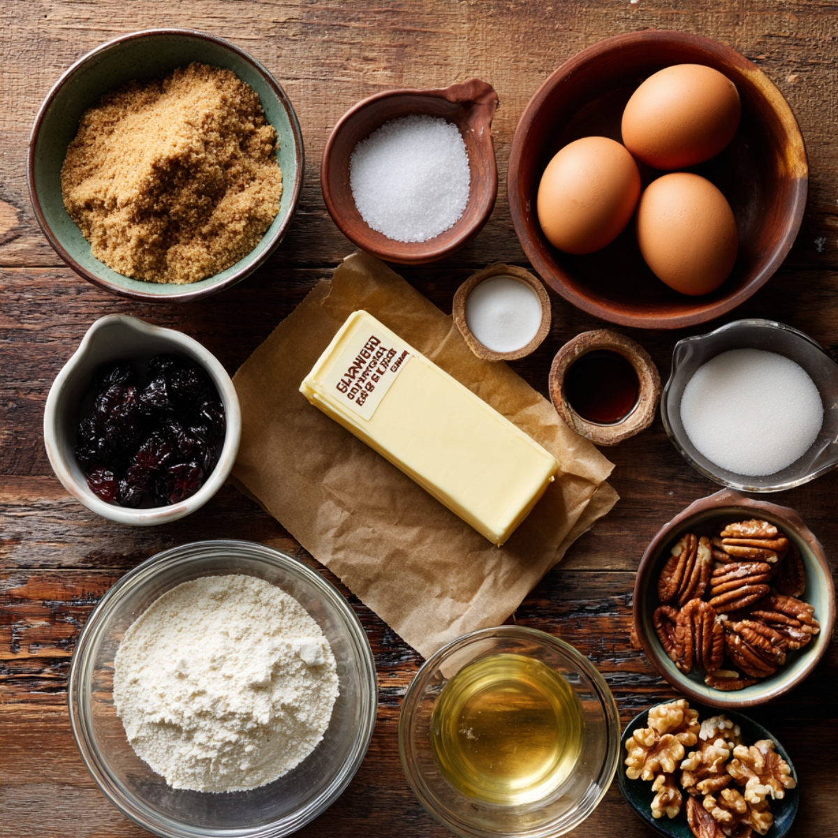 Top-down view of butter tart filling ingredients — brown sugar, white sugar, butter, eggs, raisins, pecans, walnuts, vanilla, salt, flour, and corn syrup on a rustic wooden table.