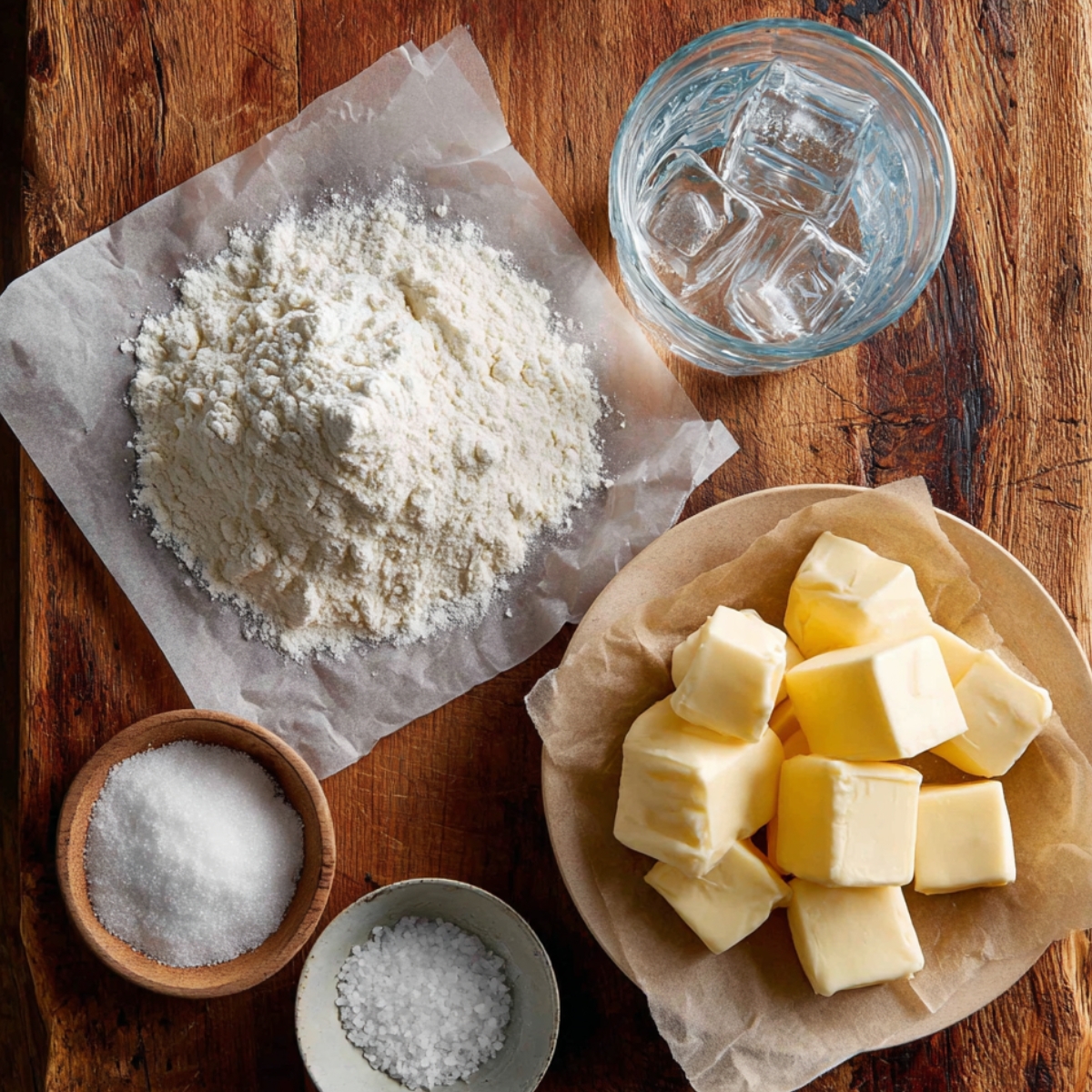 Top-down view of butter tart pastry ingredients — flour on parchment, cubed cold butter, sugar, coarse salt, and a glass of ice water on a rustic wooden table.