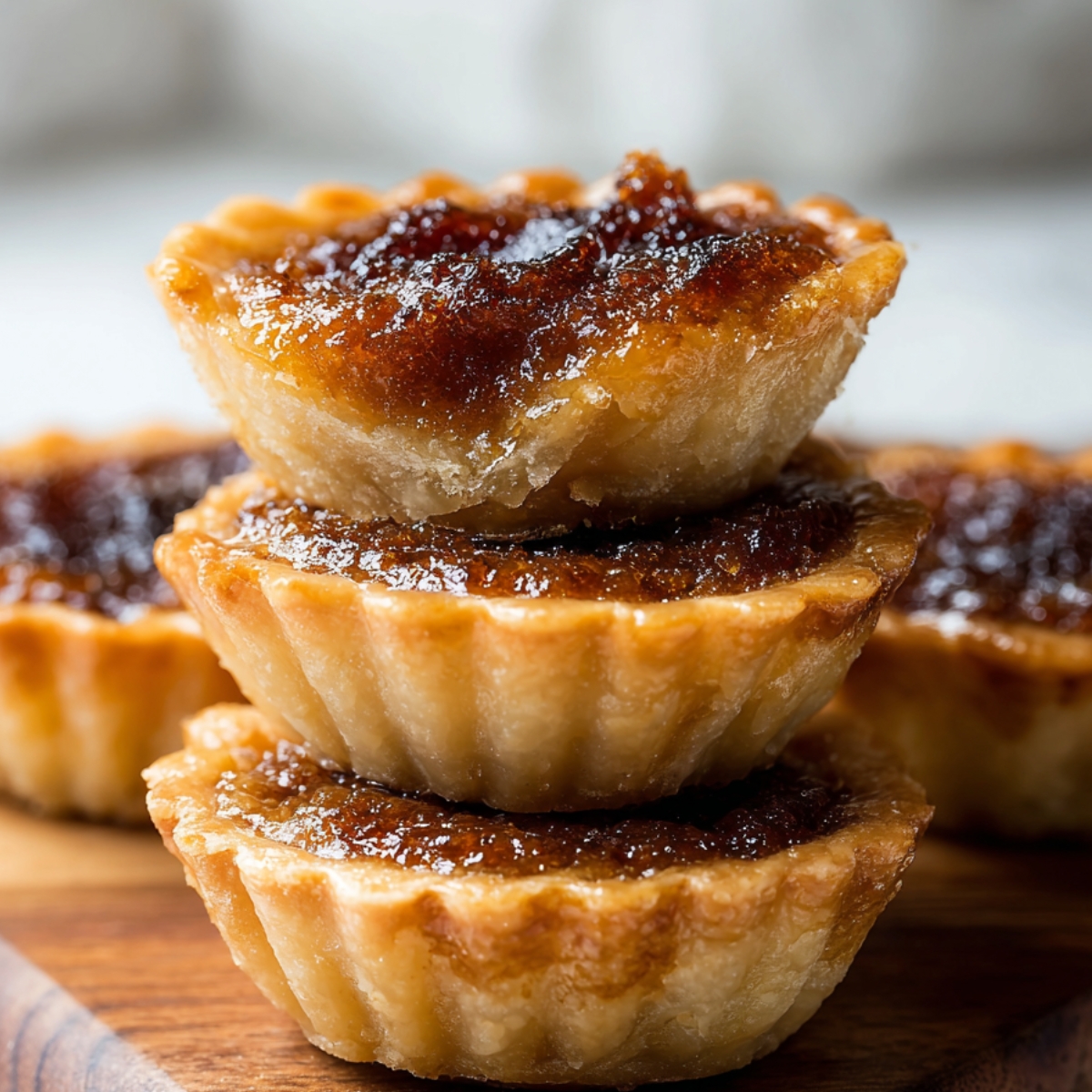 Close-up of three stacked homemade butter tarts with fluted golden pastry shells and glossy, gooey brown sugar filling, sitting on a wooden surface with more tarts softly blurred in the background.