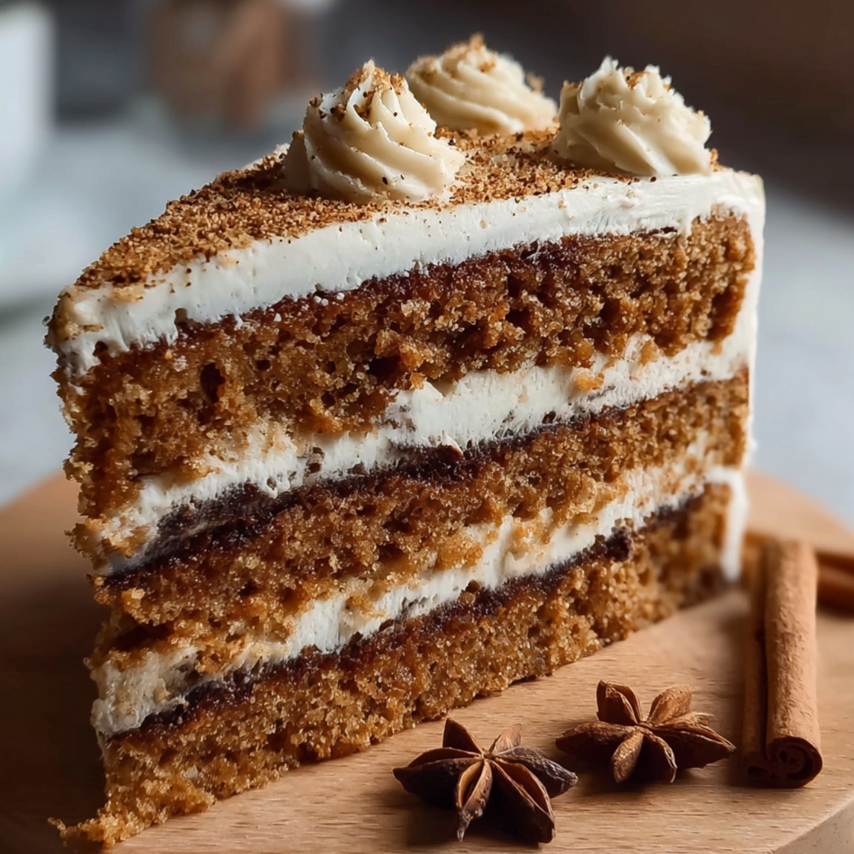 Homemade chai spice cake slice with spiced layers, creamy frosting, and a dusting of spices, served with star anise and cinnamon sticks.