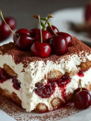Close-up of homemade Cherry Amaretto Tiramisu with layers of mascarpone, soaked ladyfingers, and cherry filling, topped with cocoa powder and fresh cherries on a white plate.