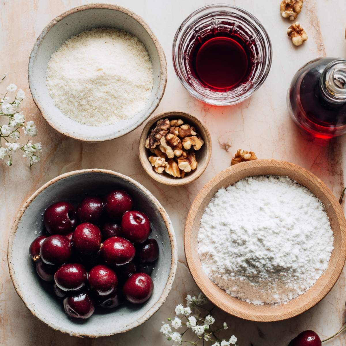 Ingredients for cherry snowball cookies on a marble surface, including cherries, powdered sugar, cherry juice, almond extract, walnuts, and flour.