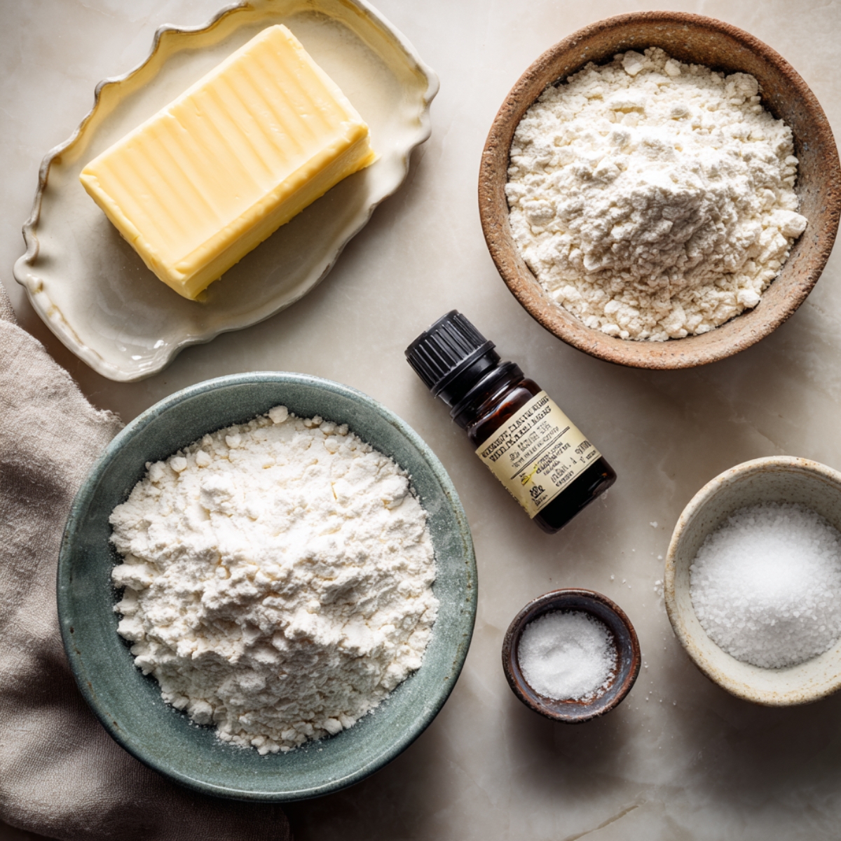 Baking ingredients for cherry snowball cookies, including butter, flour, powdered sugar, vanilla extract, and salt, arranged on a marble surface.