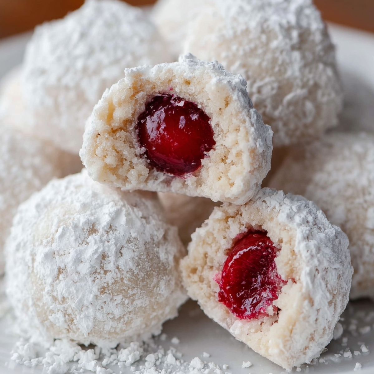 Homemade cherry snowball cookies coated in powdered sugar, with one split open to reveal red cherry pieces inside.