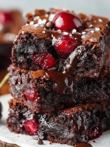 Chocolate Cherry Brownies with baked-in cherries, glossy red fruit peeking through the fudgy interior, topped with a crinkled crust and a sprinkle of sea salt, with fresh cherries nearby.