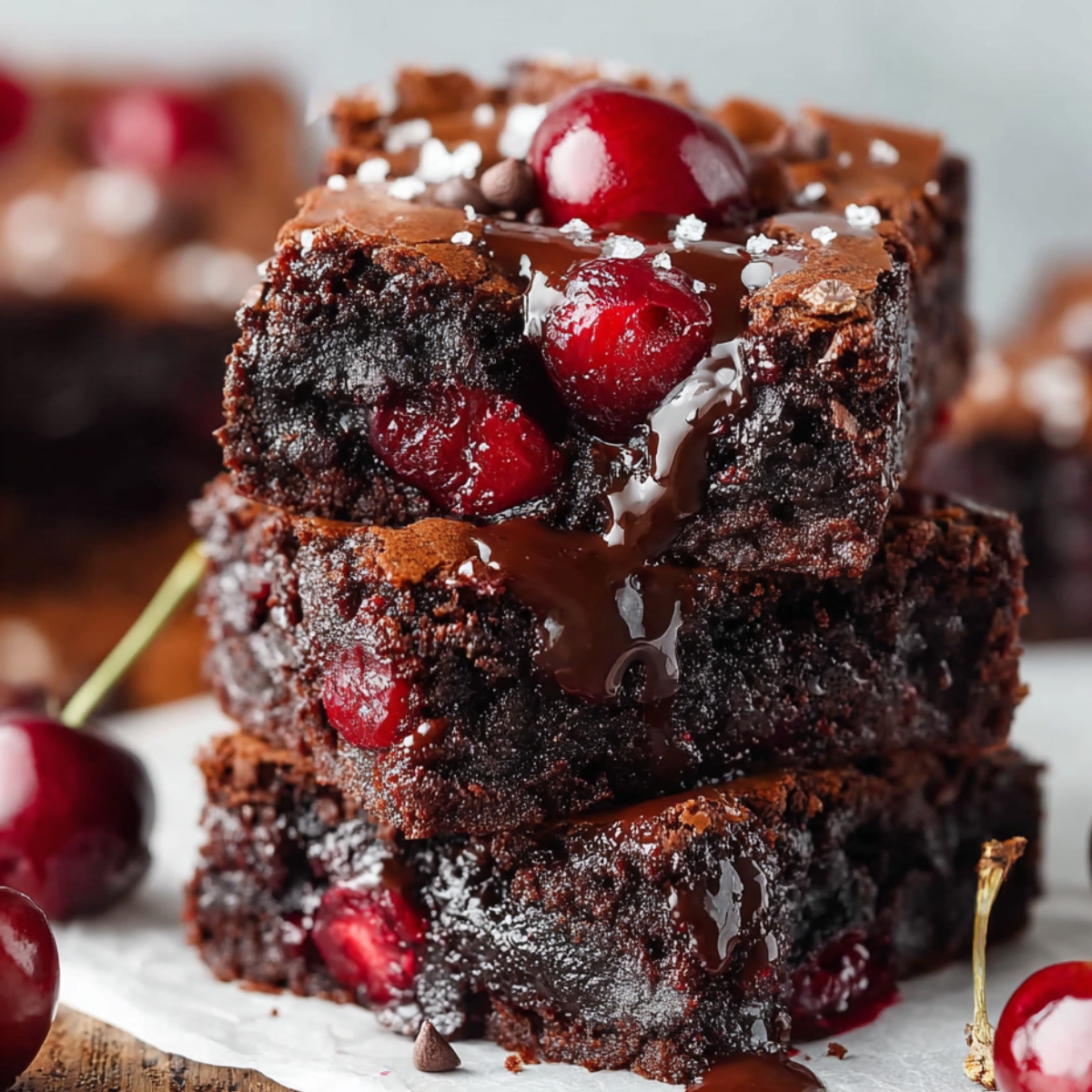 Chocolate Cherry Brownies with baked-in cherries, glossy red fruit peeking through the fudgy interior, topped with a crinkled crust and a sprinkle of sea salt, with fresh cherries nearby.