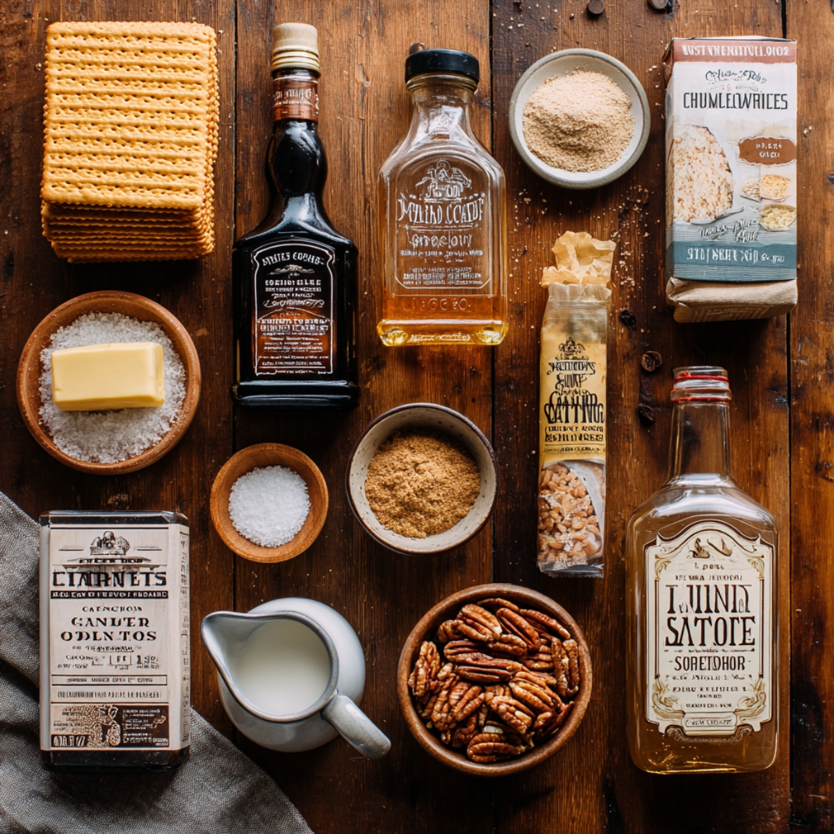 Overhead view of churro saltine toffee ingredients on a rustic wooden table, including saltine crackers, butter, sugars, cinnamon, vanilla, cream, pecans, and bottles of flavoring.