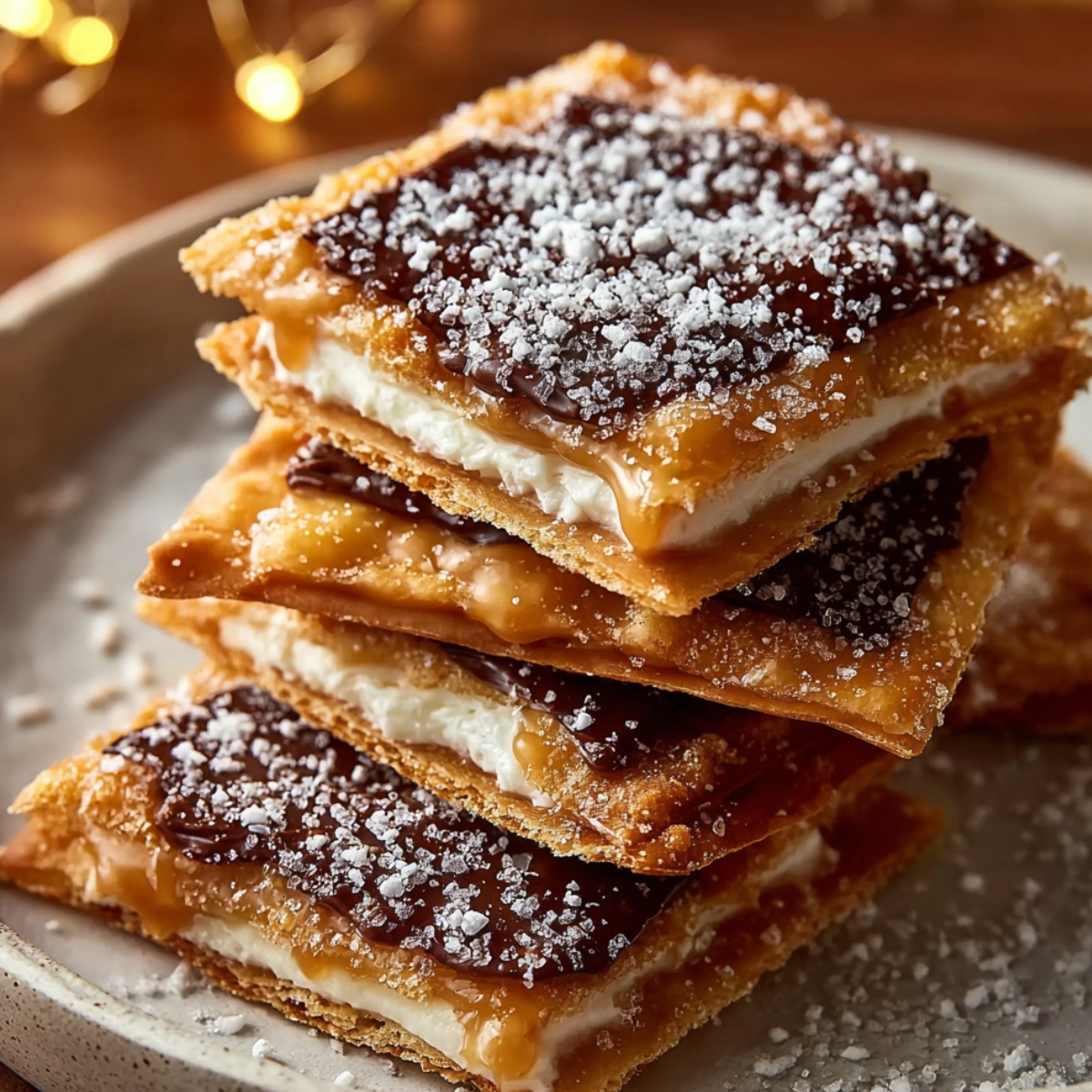 Churro saltine toffee on a white plate, with golden crispy crackers layered with dark chocolate and creamy filling, dusted with powdered sugar, and warm golden bokeh lights in the background.