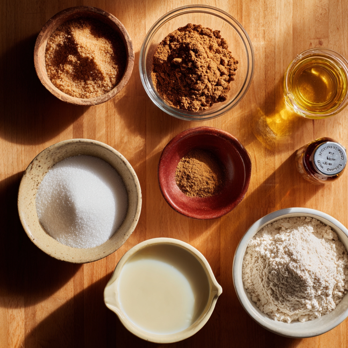 Overhead view of cinnamon swirl bundt cake ingredients on a wooden counter, including brown sugars, flour, milk, butter, vanilla, nutmeg, and granulated sugar.