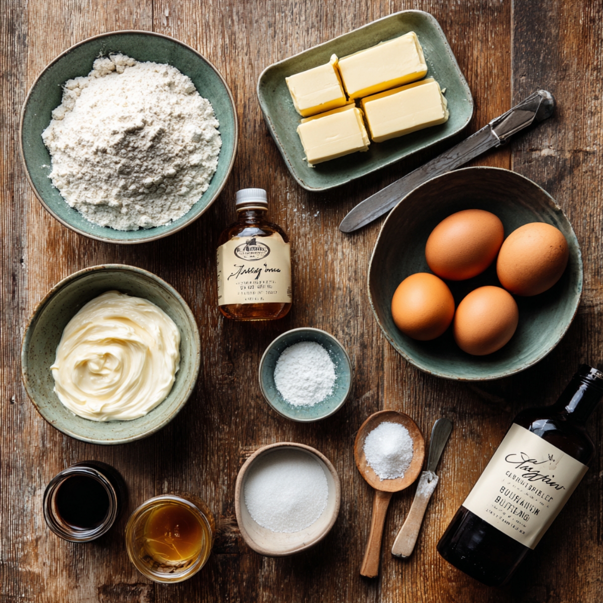 Flat lay of cinnamon swirl bundt cake ingredients on a rustic wooden table, including flour, butter, eggs, sour cream, sugar, salt, and vanilla.