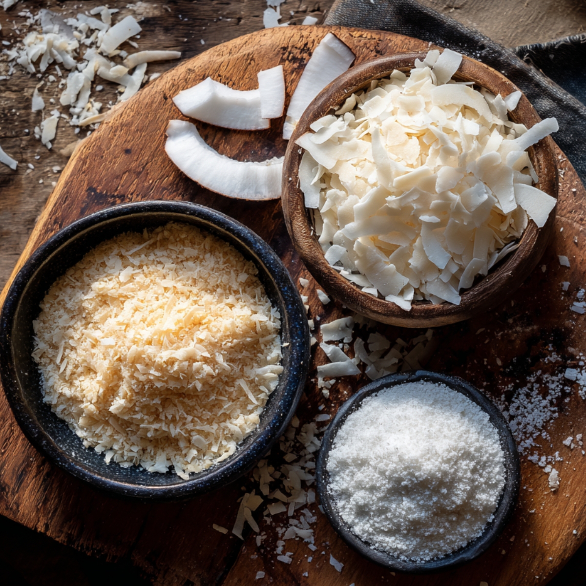 Three small bowls of coconut on a rustic wooden board: toasted grated coconut, wide white flakes, and fine shredded coconut, with scattered flakes and raw coconut slices in warm natural light.