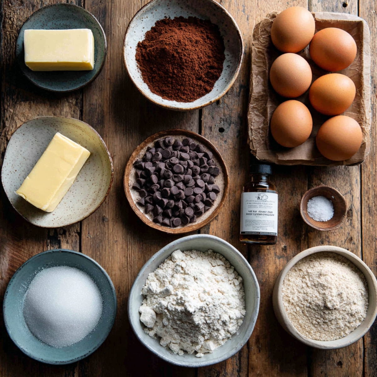 Brownie ingredients on a rustic wooden table: butter, cocoa powder, chocolate chips, eggs, vanilla, salt, sugar, flour, and brown sugar, arranged neatly with warm natural light.