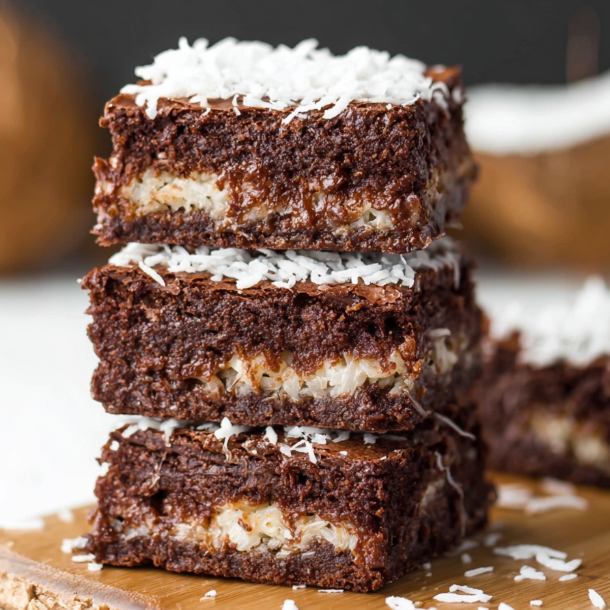 Stack of fudgy coconut brownies on a wooden board, topped with shredded coconut and scattered flakes.