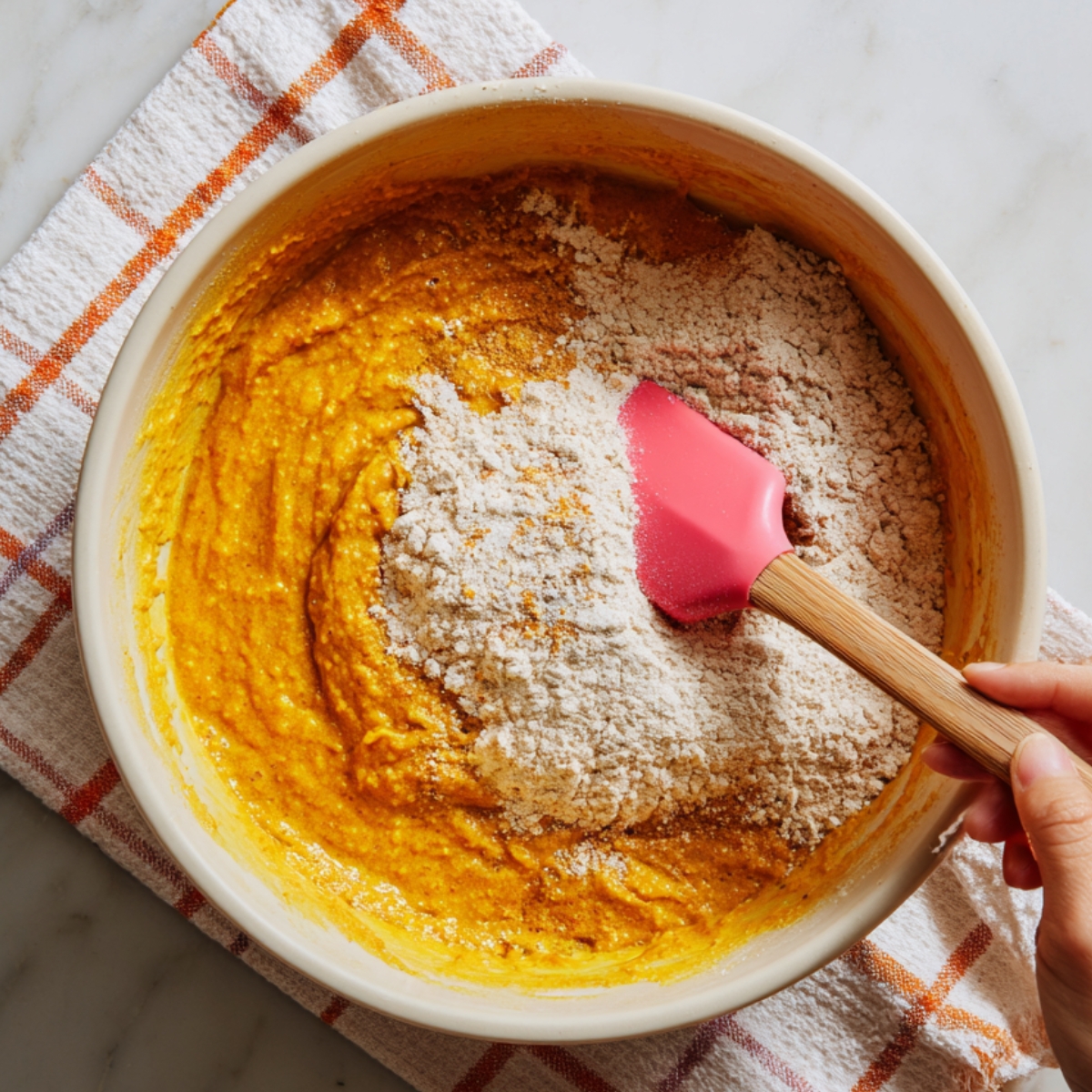 Mixing pumpkin bar batter in a large bowl with flour being folded in using a pink spatula, on top of an orange plaid kitchen towel.
