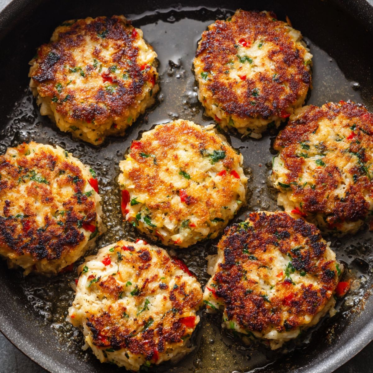 Golden brown homemade crab cakes frying in a black skillet, with crispy seared tops, chunks of crab meat, parsley, and red pepper visible.
