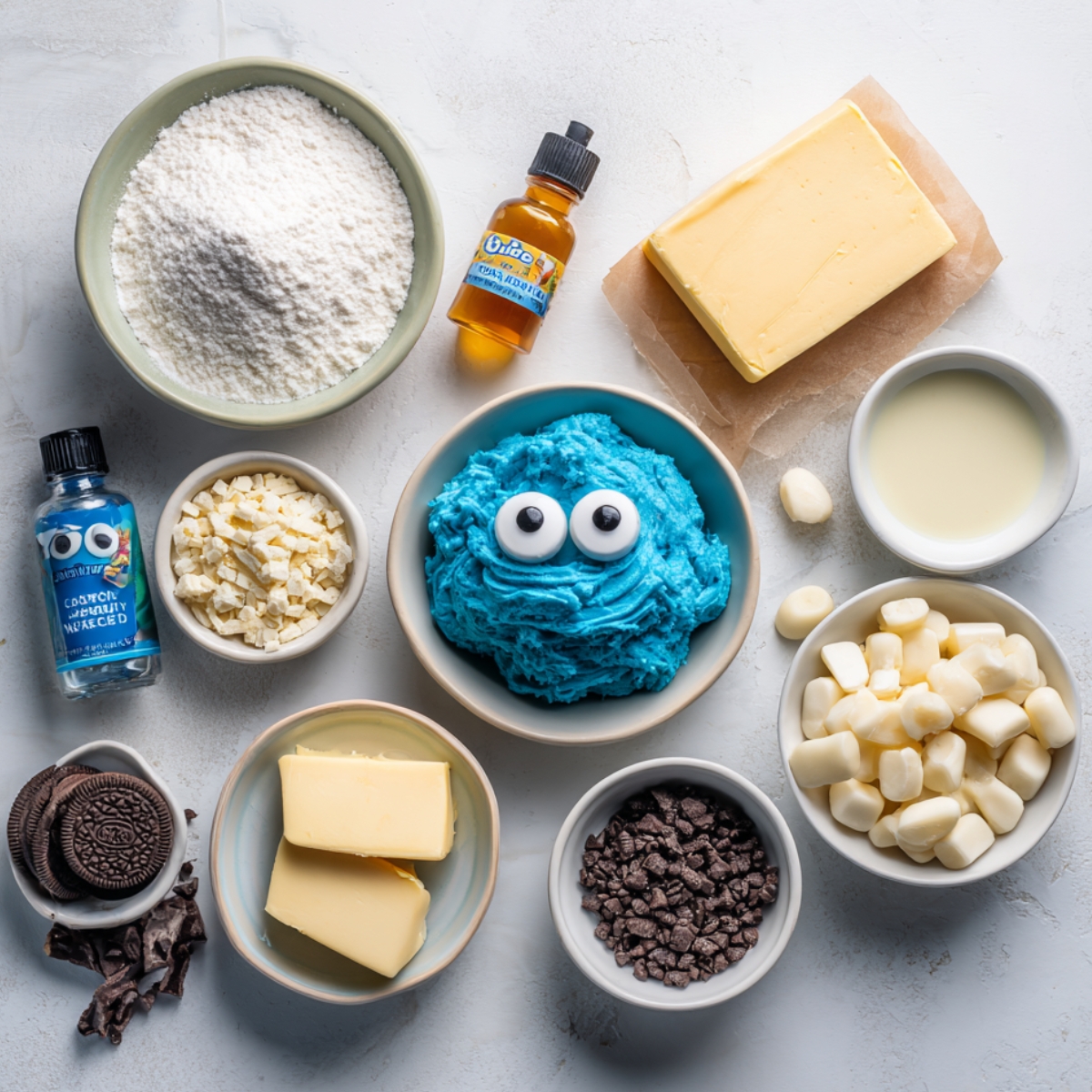 Flat lay of Cookie Monster cinnamon roll ingredients on a light surface, including a bowl of bright blue frosting with candy eyes, butter, powdered sugar, white and dark chocolate chips, mini marshmallows, sandwich cookies, vanilla extract, and food coloring.