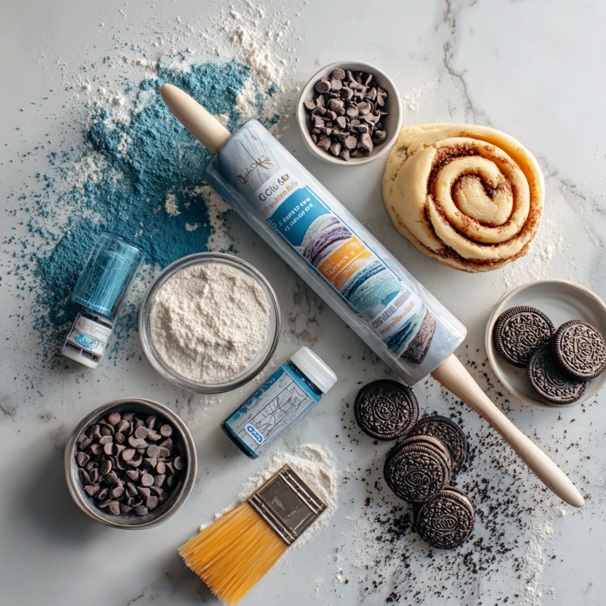 Top-down view of Cookie Monster cinnamon roll ingredients on a marble counter—blue food coloring, flour, chocolate chips, sandwich cookies, a raw cinnamon roll, and a rolling pin.