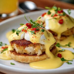 Crab Cake Eggs Benedict on toasted muffins with crab cakes, poached eggs, hollandaise sauce, microgreens, and red pepper garnish.
