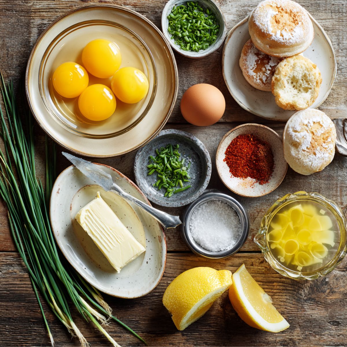 Fresh ingredients for Crab Cake Eggs Benedict on a rustic wooden table, including egg yolks, English muffins, butter, lemon, chives, cayenne, and salt.