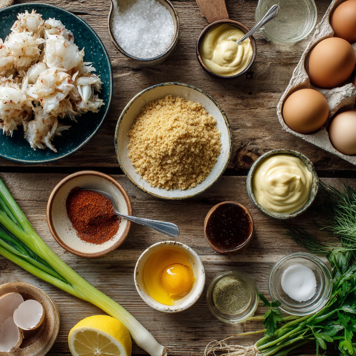Fresh ingredients for Crab Cake Eggs Benedict on a rustic wooden table, including lump crab meat, breadcrumbs, eggs, mayonnaise, mustard, Old Bay, lemon, parsley, and green onions.