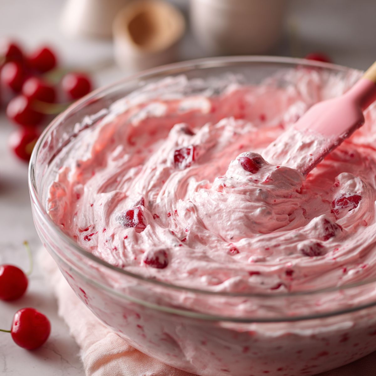 Glass bowl of fluffy pink mascarpone cream with cherry pieces, stirred with a pink spatula, on a marble counter with fresh cherries in the background.