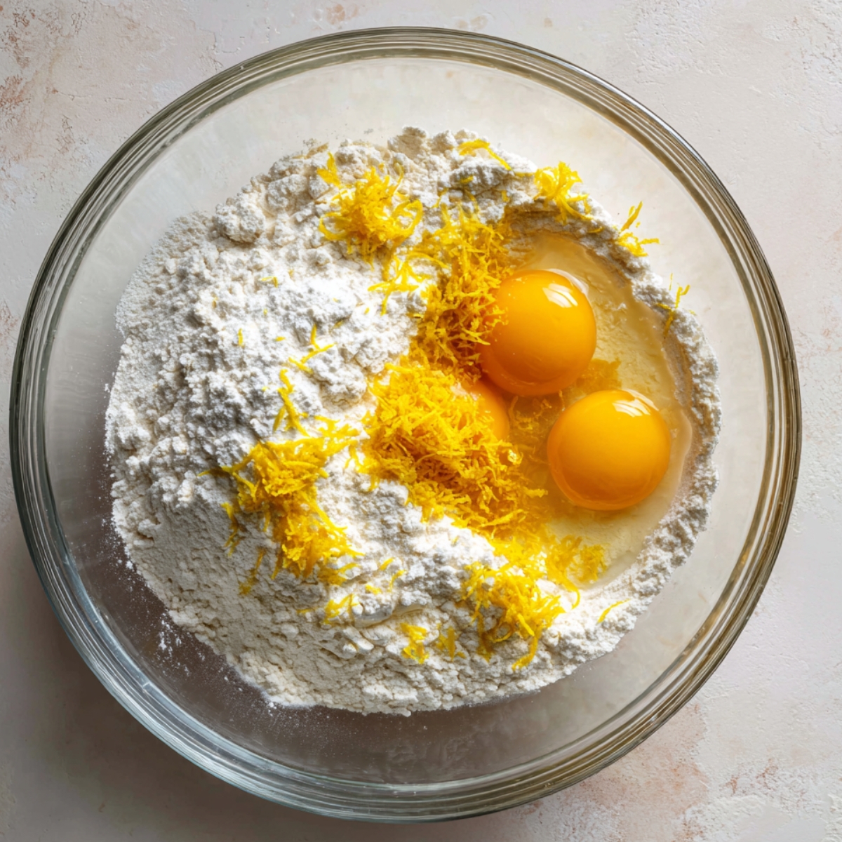 Glass bowl with flour, lemon zest, and three cracked eggs, ready for making homemade lemon drizzle cake on a light countertop.