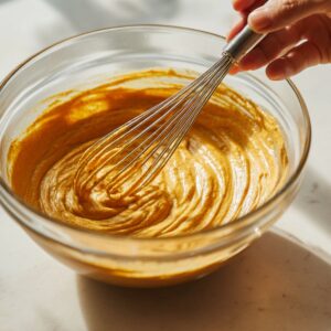 realistic photo of a glass bowl filled with golden-orange pumpkin batter, being whisked by hand. The thick, creamy mixture shows swirls from whisking, sitting on a light kitchen counter with warm natural sunlight.