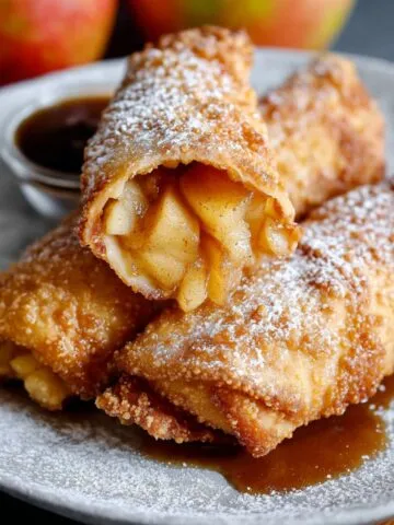 Easy Apple Pie Egg Rolls on a white plate, dusted with powdered sugar, filled with warm cinnamon-apple filling that oozes slightly.