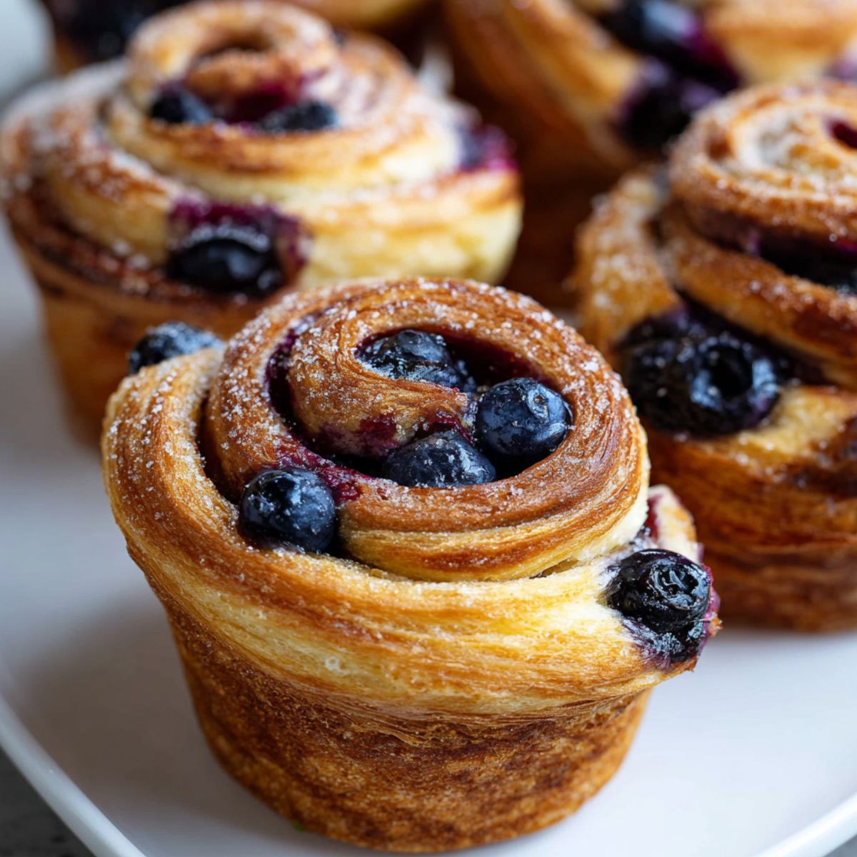 Golden homemade blueberry cruffins on a white plate, with flaky spiral layers, baked blueberries in the folds, and a light dusting of powdered sugar.