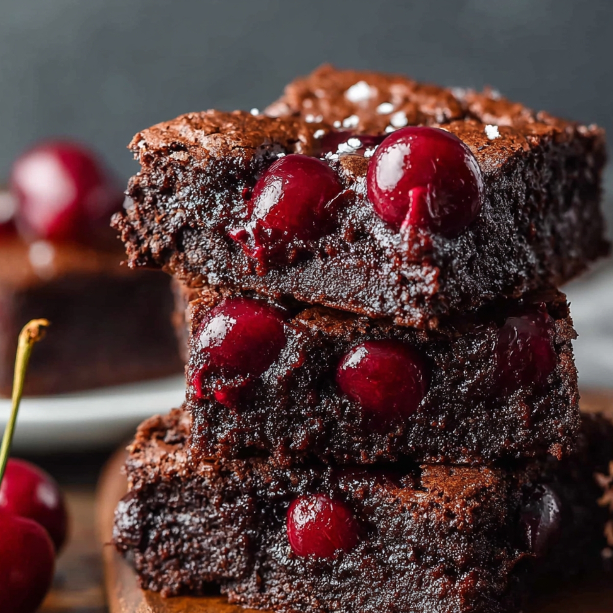 Stack of homemade chocolate cherry brownies with glossy red cherries, melted chocolate dripping down, crinkled crust sprinkled with sea salt, and fresh cherries nearby.