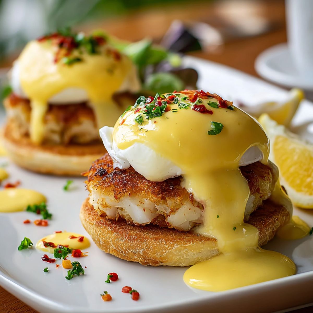 Crab Cake Eggs Benedict on toasted muffin with crab cake, poached egg, hollandaise sauce, parsley, and red pepper, served with lemon wedge.