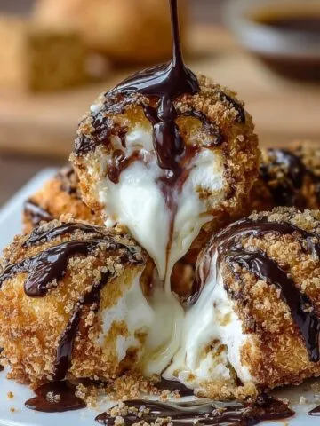 Fried s’mores bombs with golden graham coating, one split open with marshmallow and chocolate oozing out, topped with chocolate drizzle on a wooden board.