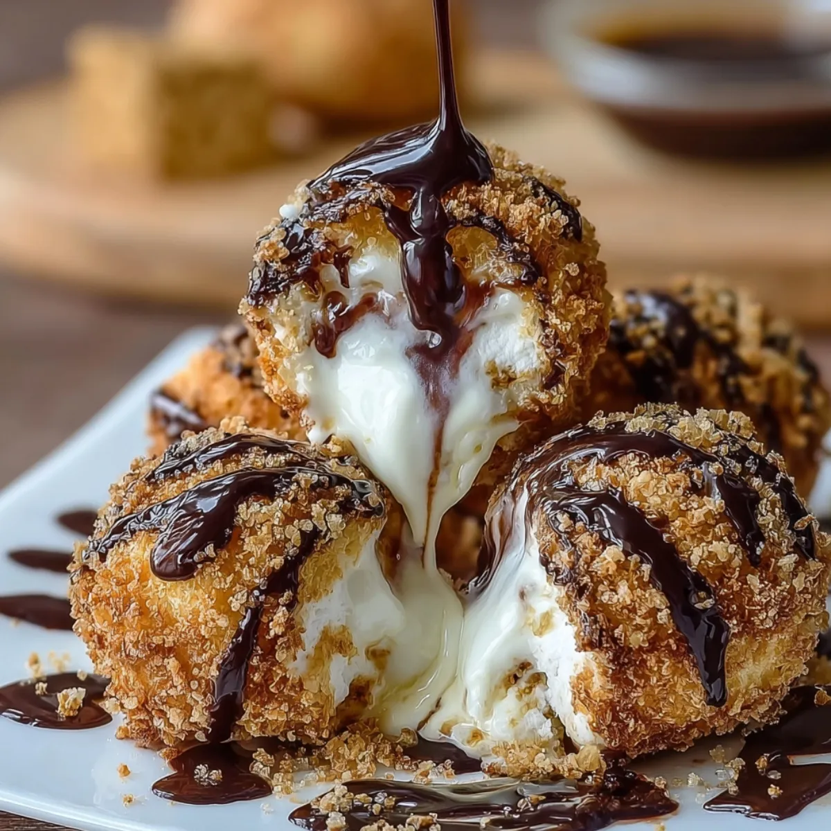 Fried s’mores bombs with golden graham coating, one split open with marshmallow and chocolate oozing out, topped with chocolate drizzle on a wooden board.
