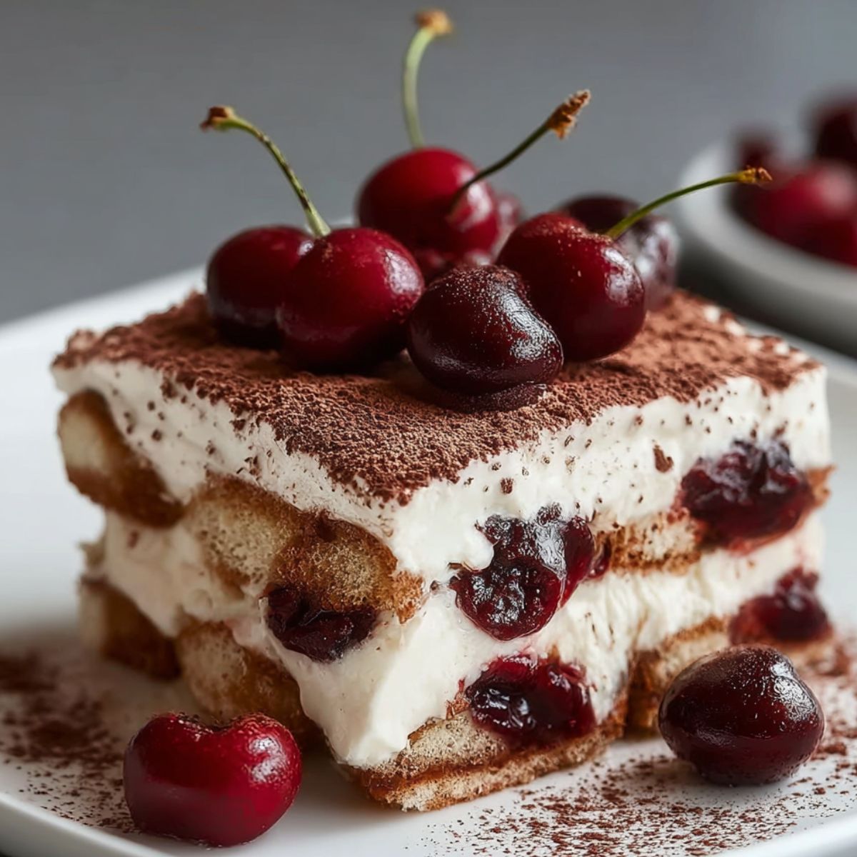 Easy Homemade Cherry Amaretto Tiramisu with layers of mascarpone, soaked ladyfingers, and whole cherries, topped with cocoa powder and fresh cherries on a white plate.