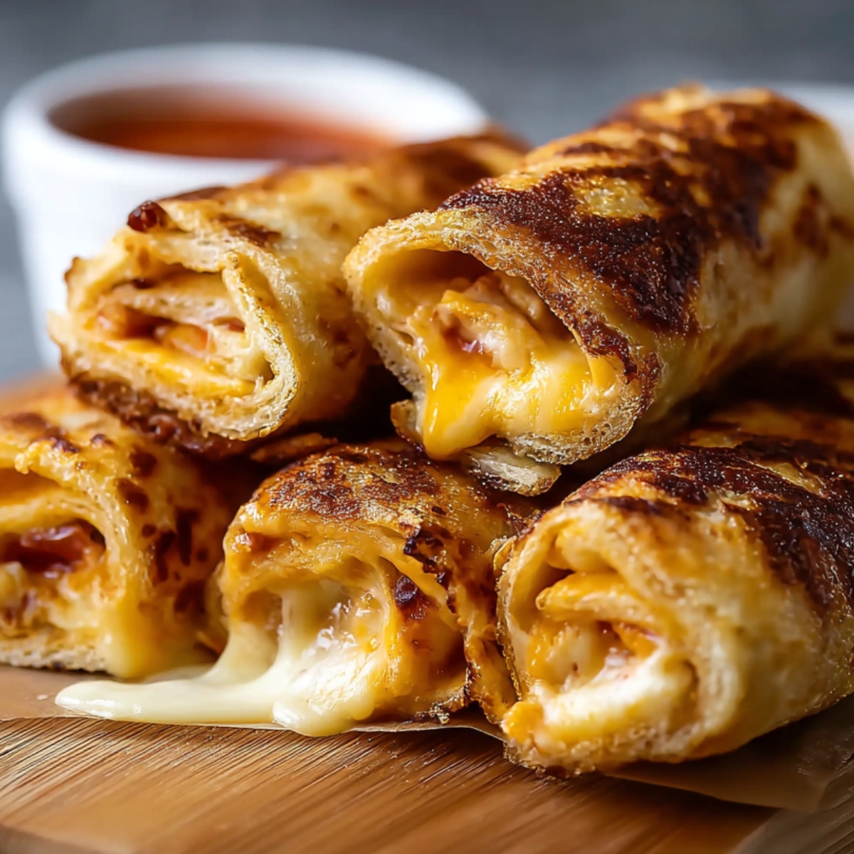 Easy Homemade Grilled Cheese Roll Ups with melted cheese inside, stacked on a wooden board and served with tomato soup.